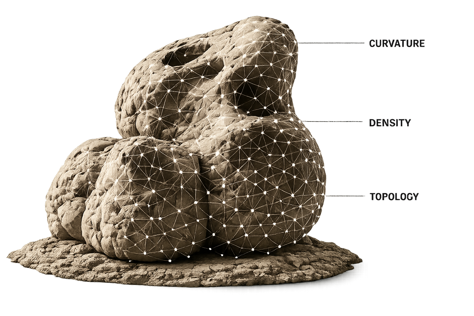 Clay form with curvature, density and topology annotations